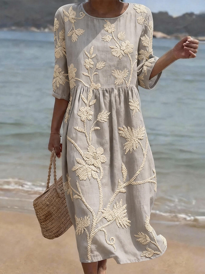 Abito midi vintage ricamato elegante e leggero per donna