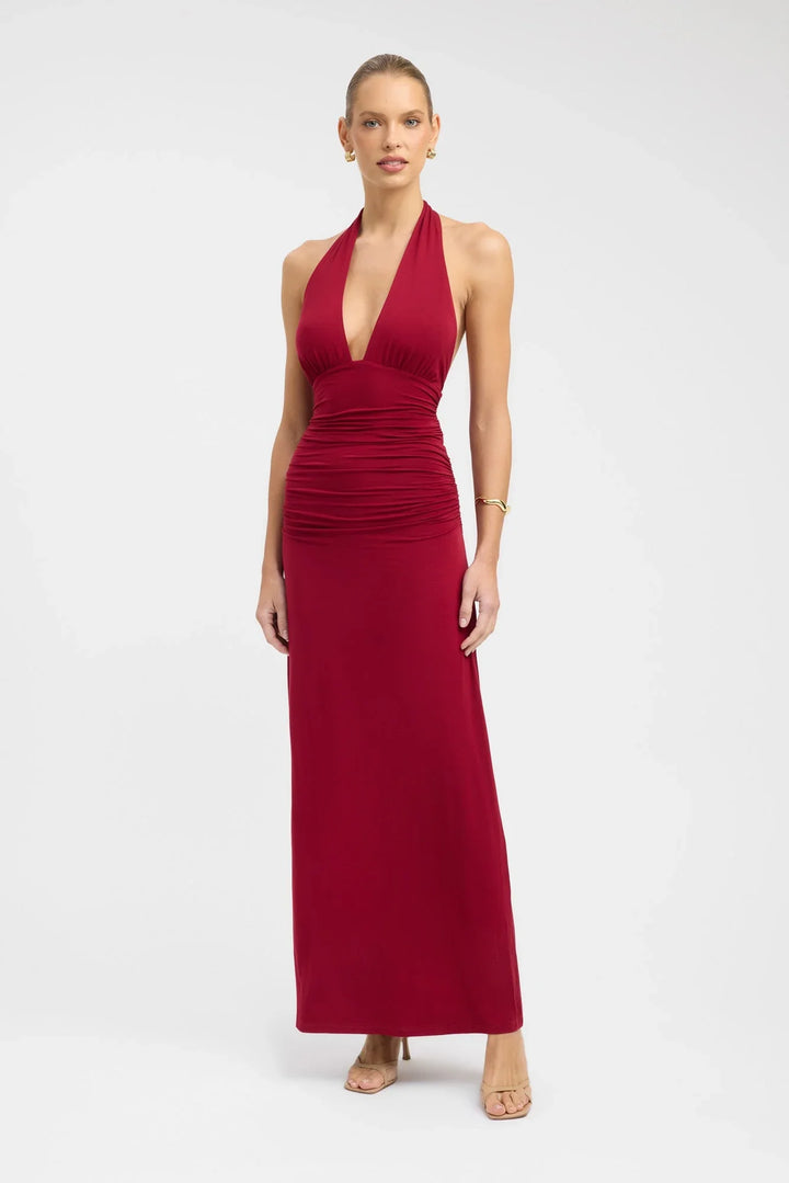 Abito lungo rosso elegante donna aderente con schiena scoperta