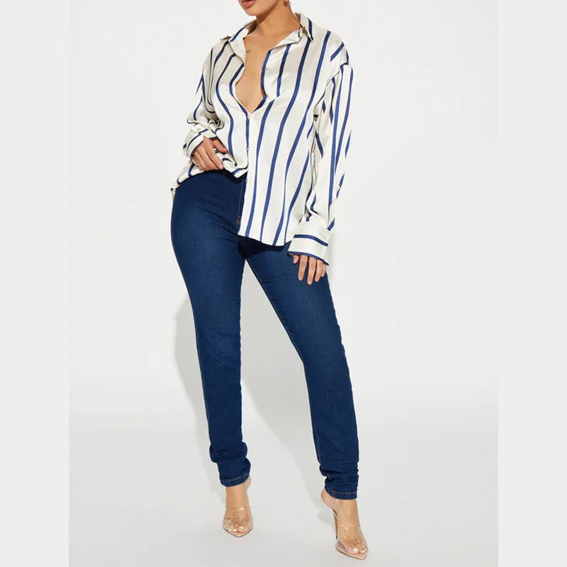 Camicia donna satinata a righe elegante e raffinata