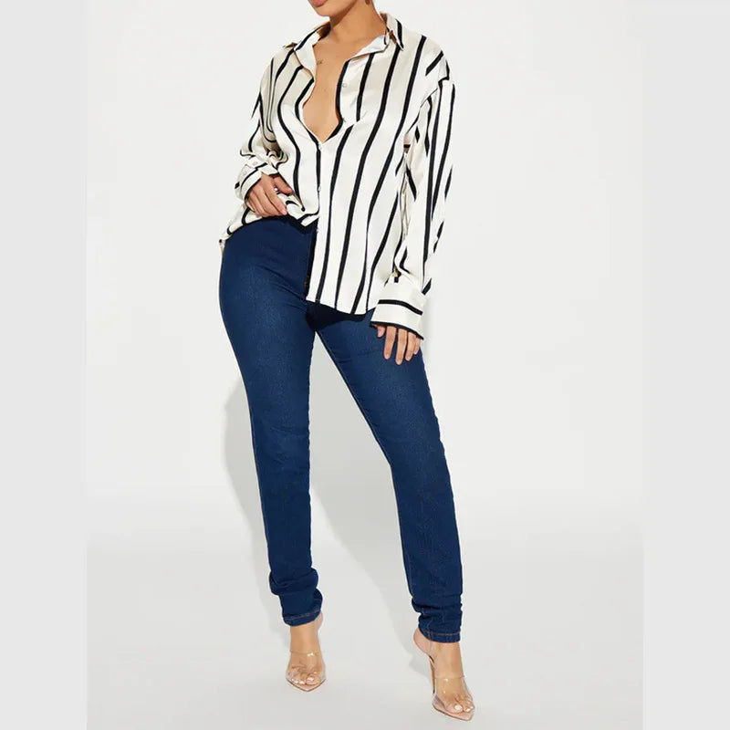 Camicia donna satinata a righe elegante e raffinata