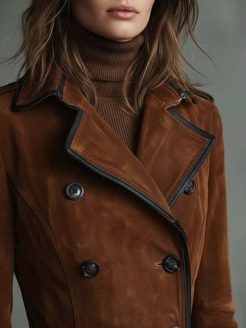 Cappotto lungo donna elegante color caramello effetto suede