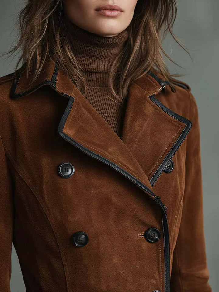 Cappotto lungo donna elegante color caramello effetto suede
