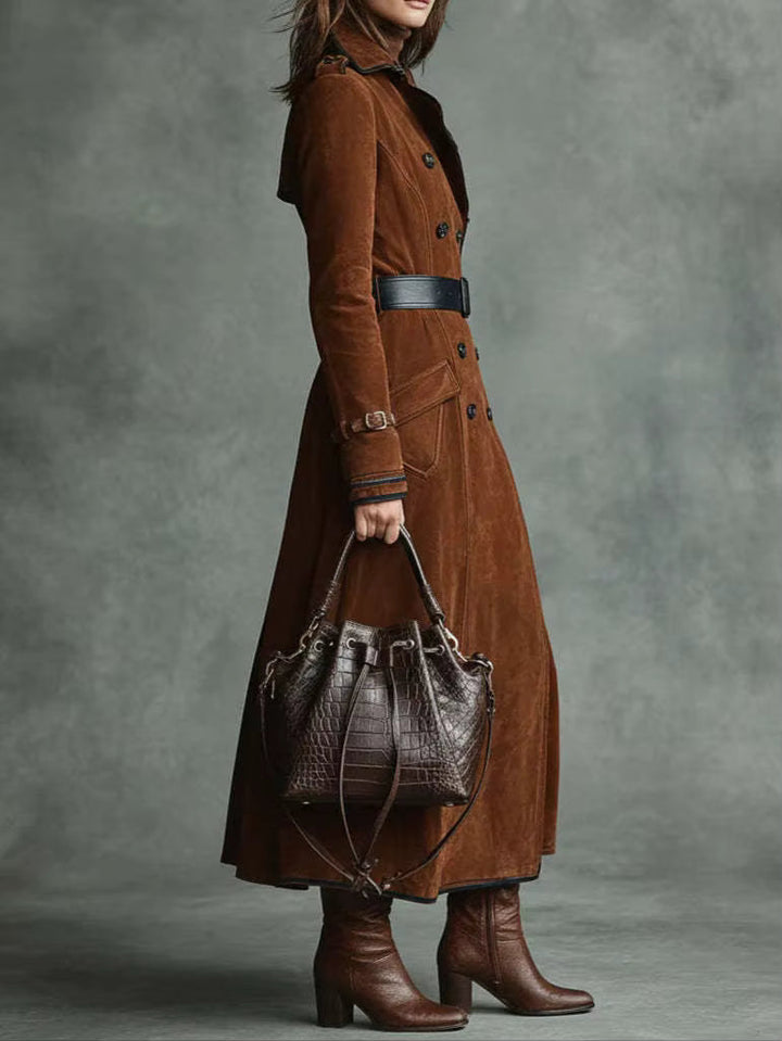 Cappotto lungo donna elegante color caramello effetto suede