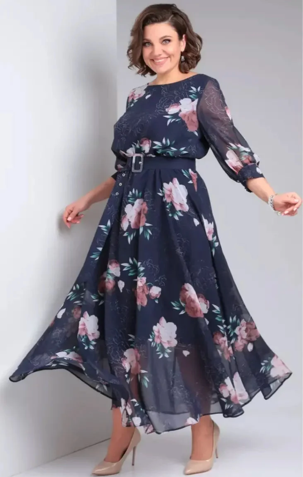 Abito elegante floreale lungo e fluido per donna
