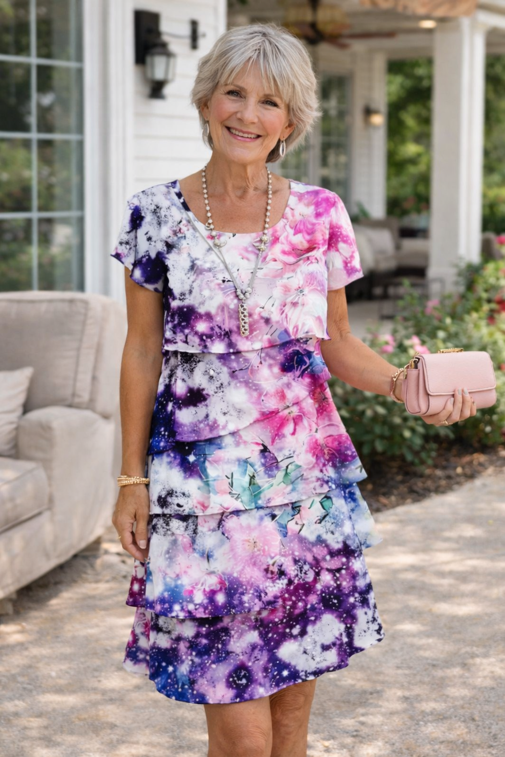 Abito corto floreale elegante e leggero con volant per donna
