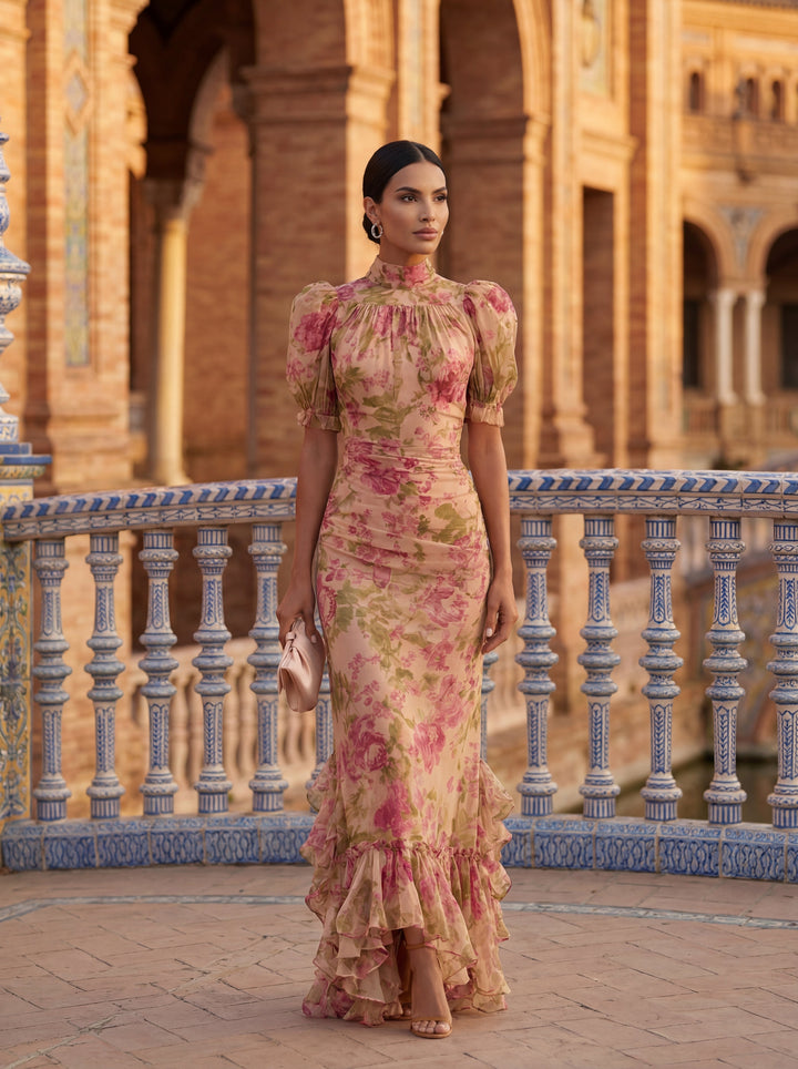 Abito elegante in chiffon floreale raffinato per donna