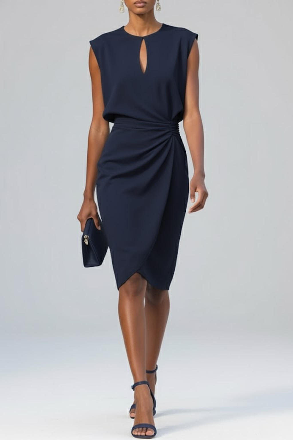 Abito midi donna elegante con vita arricciata