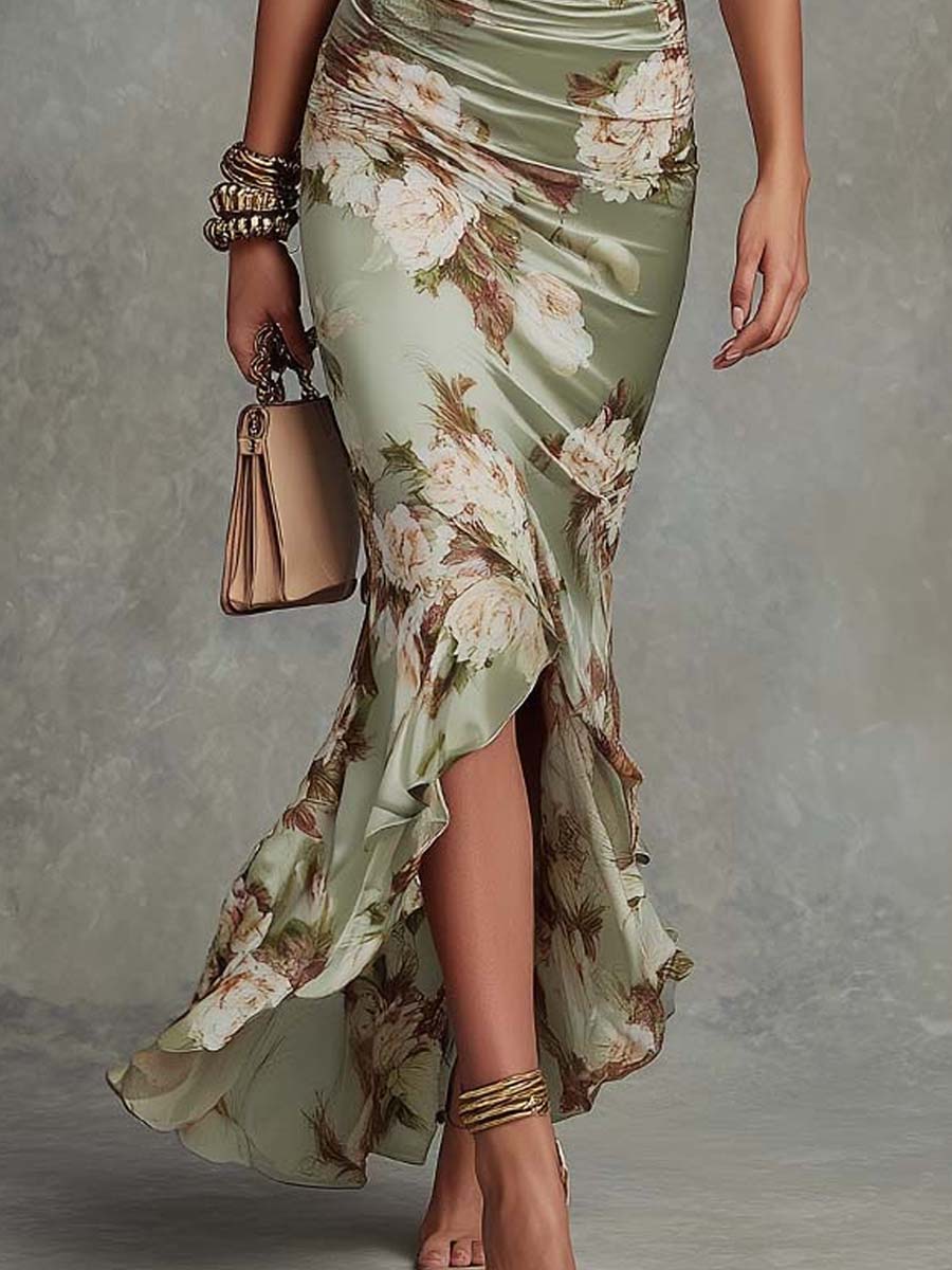 Abito midi floreale donna elegante con scollo a V