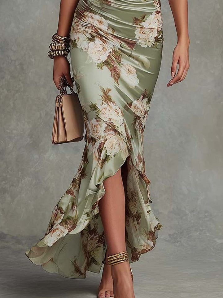 Abito midi floreale donna elegante con scollo a V