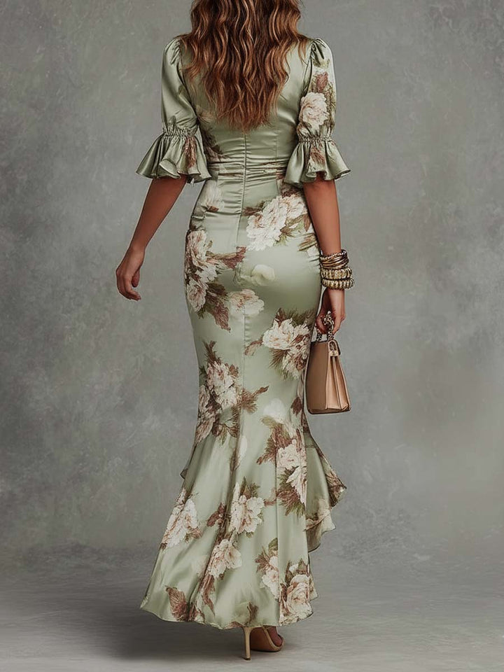 Abito midi floreale donna elegante con scollo a V