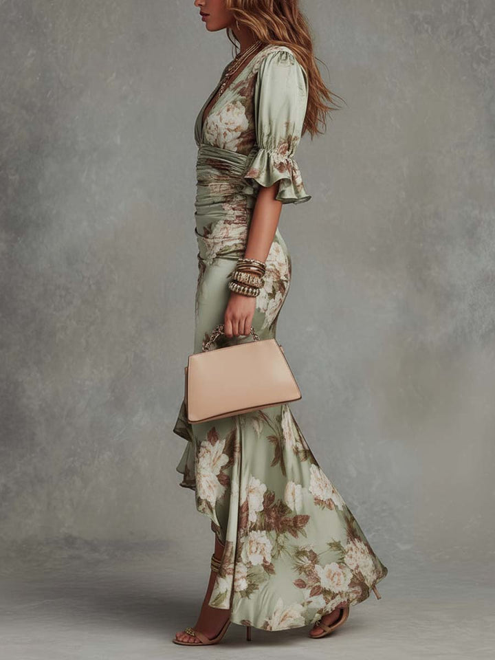 Abito midi floreale donna elegante con scollo a V