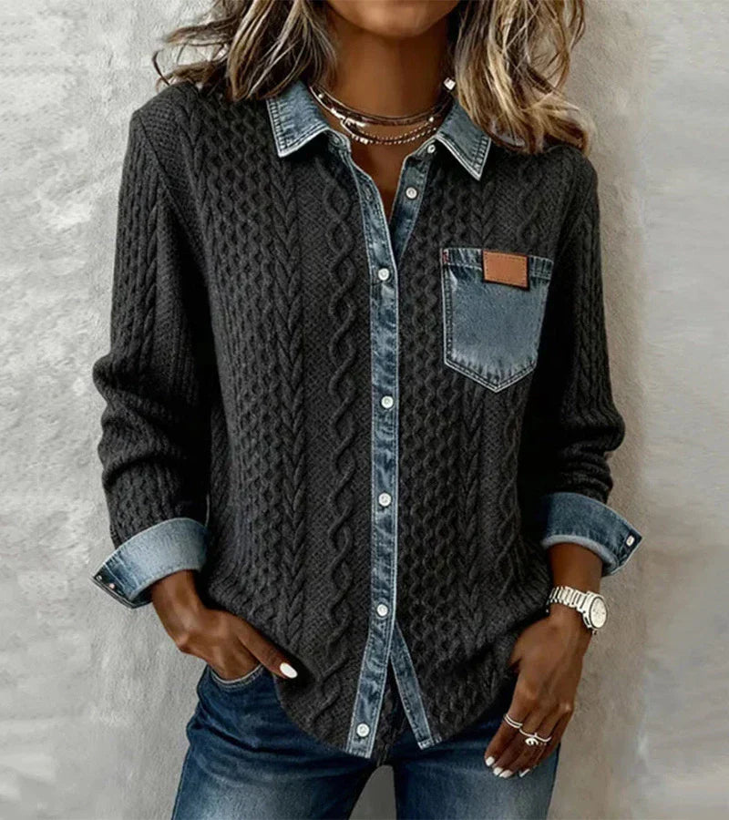 Top donna in maglia intrecciata elegante e caldo con bottoni