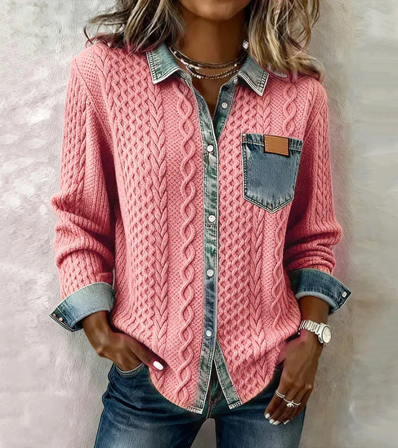 Top donna in maglia intrecciata elegante e caldo con bottoni