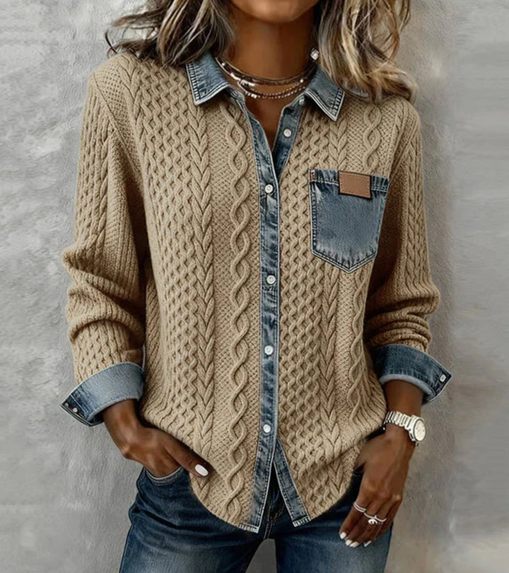 Top donna in maglia intrecciata elegante e caldo con bottoni