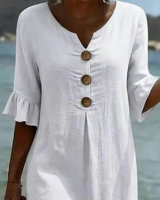 Abito casual in cotone e lino con maniche a sbuffo per donna