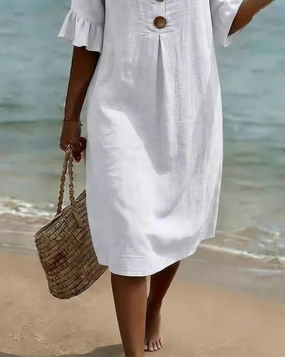 Abito casual in cotone e lino con maniche a sbuffo per donna