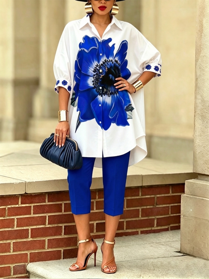 Completo donna bohémien artistico con camicia e pantaloni floreali