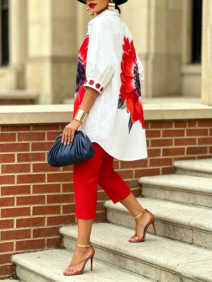 Completo donna bohémien artistico con camicia e pantaloni floreali