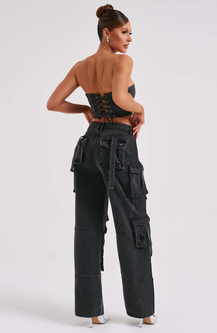 Pantaloni cargo donna in denim nero oversize a vita alta
