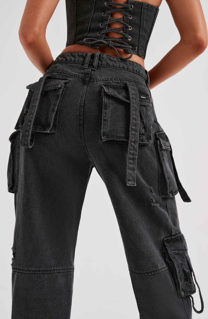 Pantaloni cargo donna in denim nero oversize a vita alta