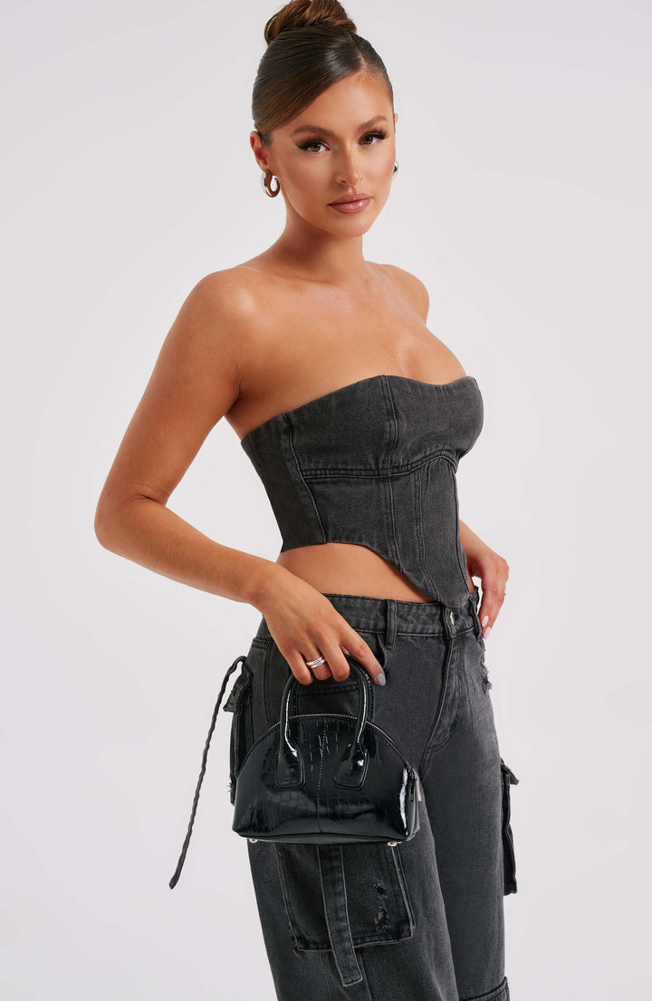 Pantaloni cargo donna in denim nero oversize a vita alta