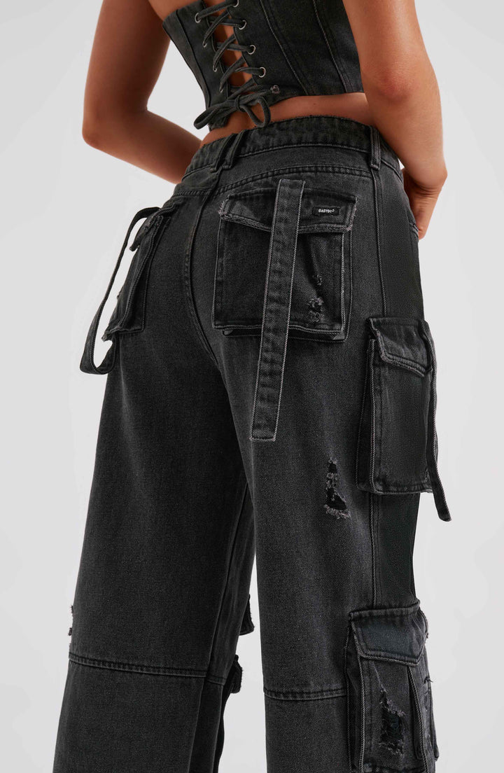 Pantaloni cargo donna in denim nero oversize a vita alta