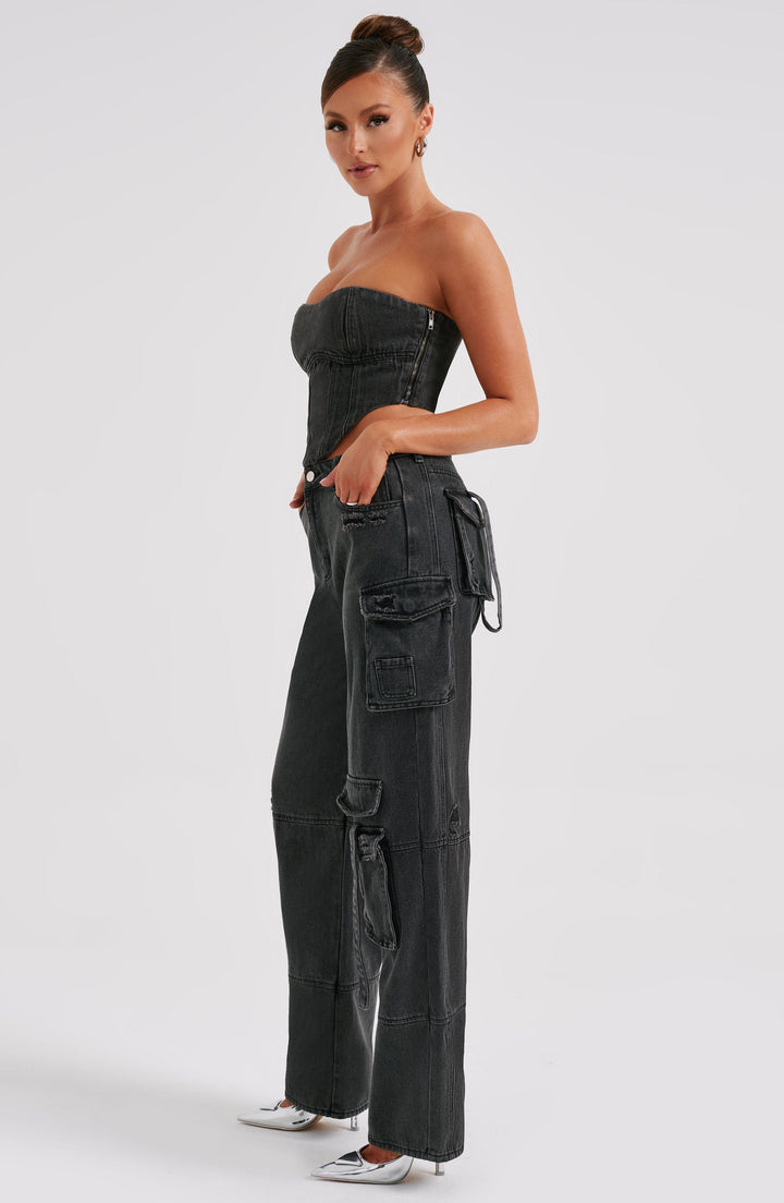 Pantaloni cargo donna in denim nero oversize a vita alta
