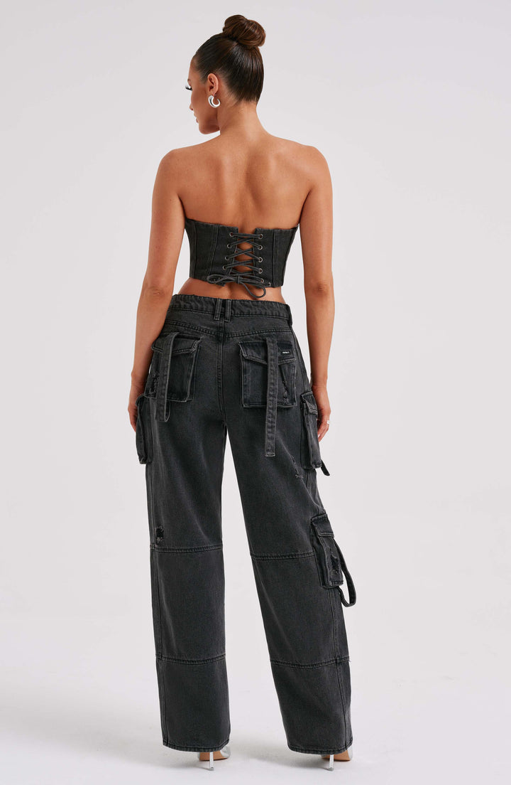 Pantaloni cargo donna in denim nero oversize a vita alta