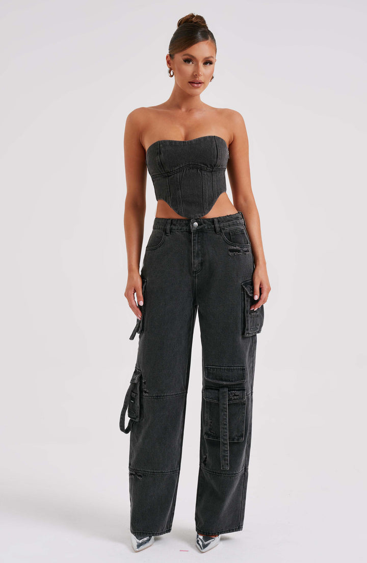 Pantaloni cargo donna in denim nero oversize a vita alta