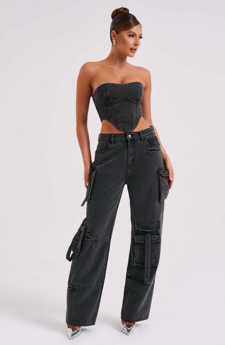 Pantaloni cargo donna in denim nero oversize a vita alta