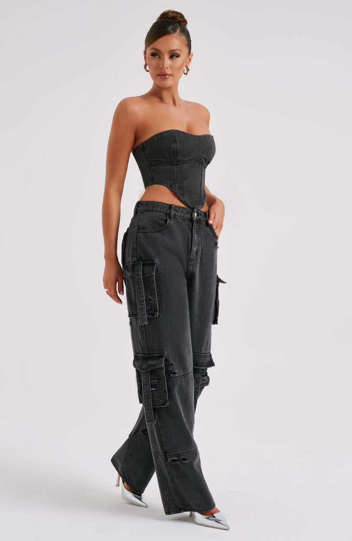 Pantaloni cargo donna in denim nero oversize a vita alta