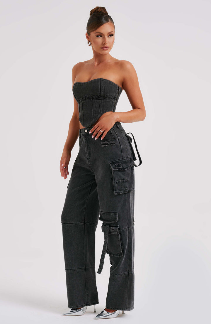 Pantaloni cargo donna in denim nero oversize a vita alta