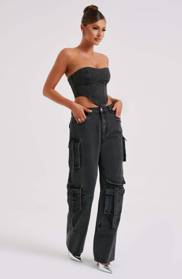 Pantaloni cargo donna in denim nero oversize a vita alta