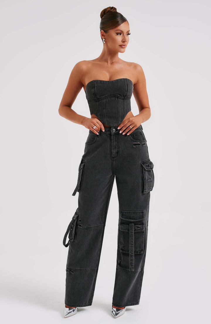 Pantaloni cargo donna in denim nero oversize a vita alta