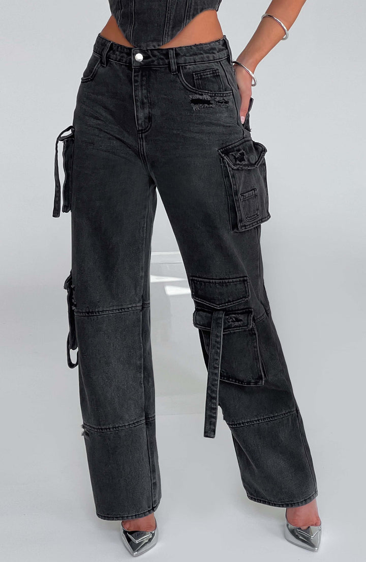 Pantaloni cargo donna in denim nero oversize a vita alta