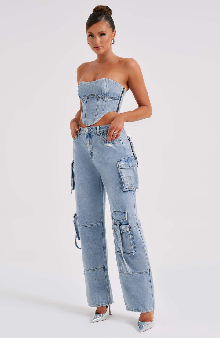 Pantaloni cargo donna in denim blu oversize a vita alta