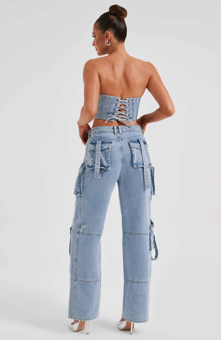 Pantaloni cargo donna in denim blu oversize a vita alta
