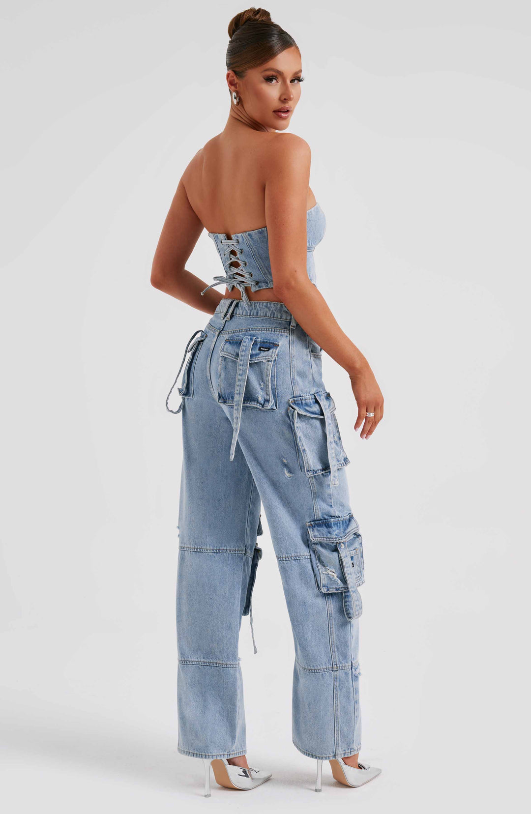 Pantaloni cargo donna in denim blu oversize a vita alta