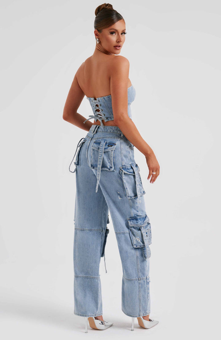 Pantaloni cargo donna in denim blu oversize a vita alta