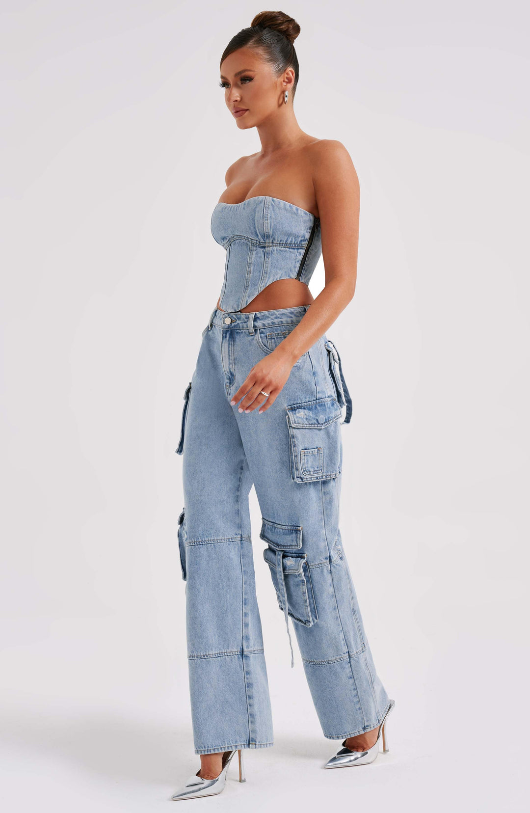 Pantaloni cargo donna in denim blu oversize a vita alta
