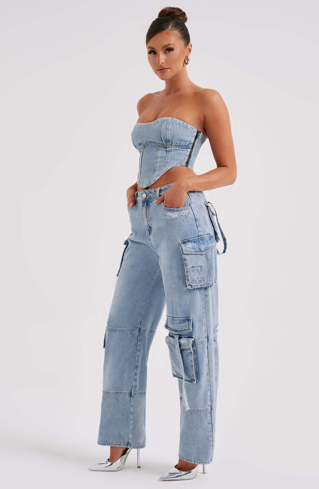 Pantaloni cargo donna in denim blu oversize a vita alta