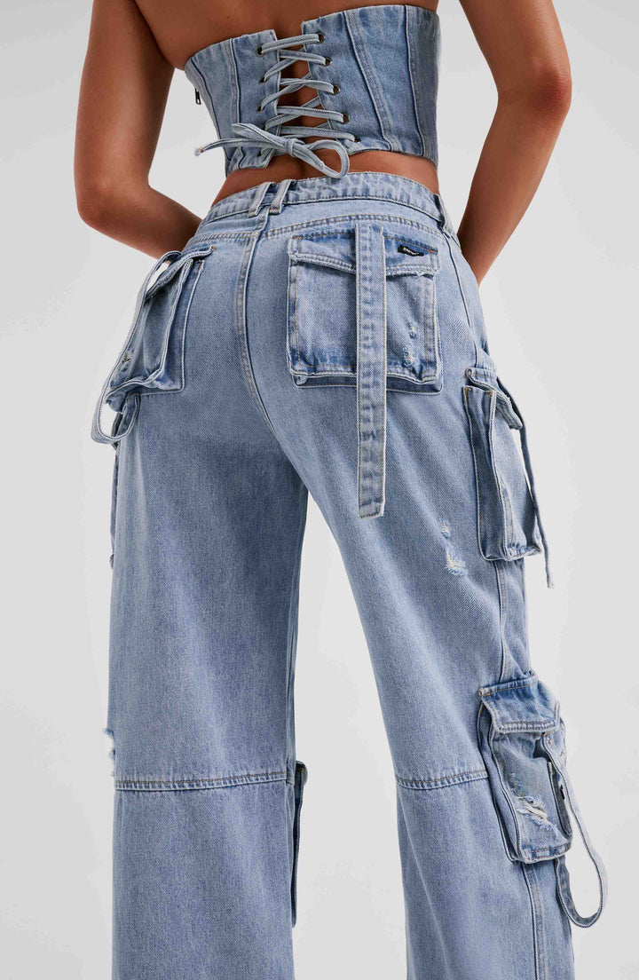 Pantaloni cargo donna in denim blu oversize a vita alta