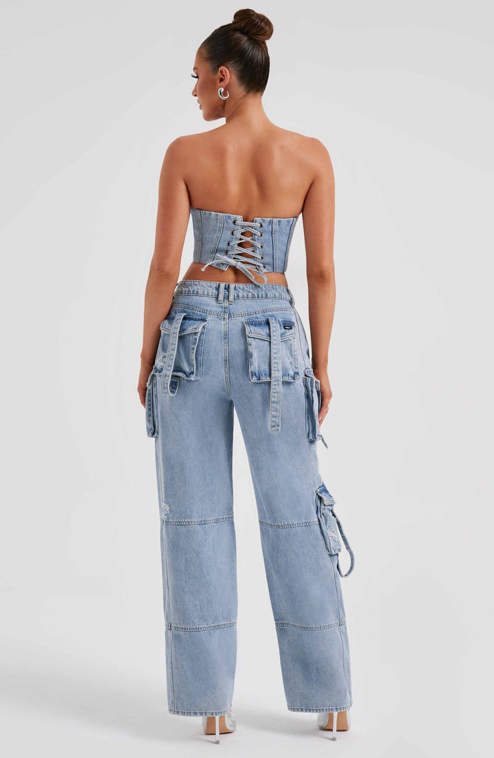 Pantaloni cargo donna in denim blu oversize a vita alta
