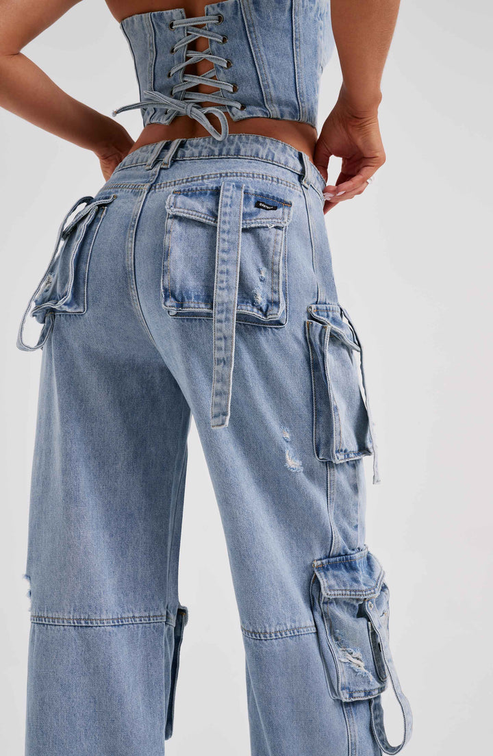 Pantaloni cargo donna in denim blu oversize a vita alta