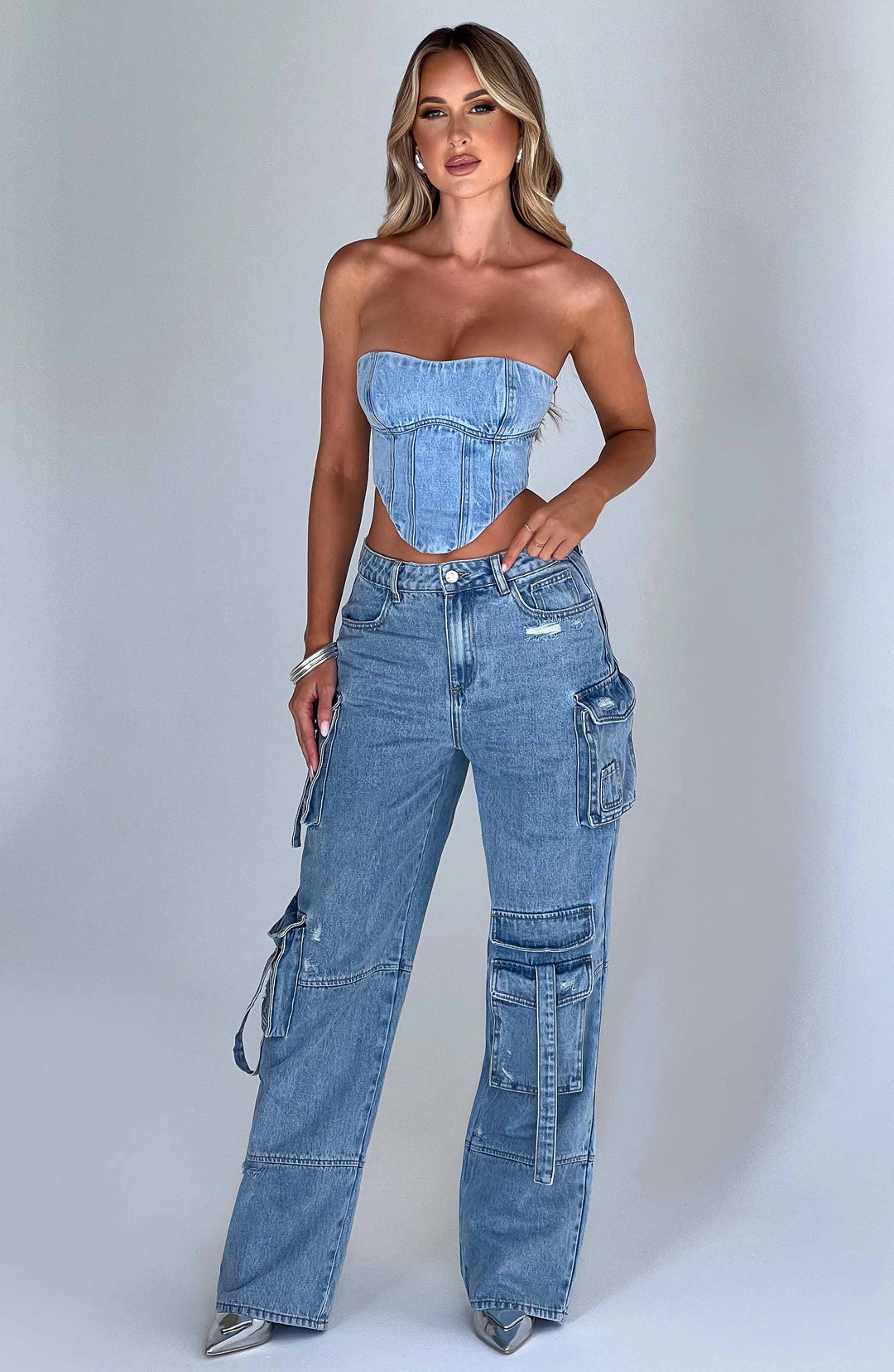 Pantaloni cargo donna in denim blu oversize a vita alta