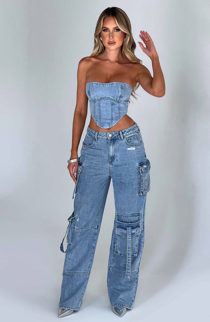 Pantaloni cargo donna in denim blu oversize a vita alta