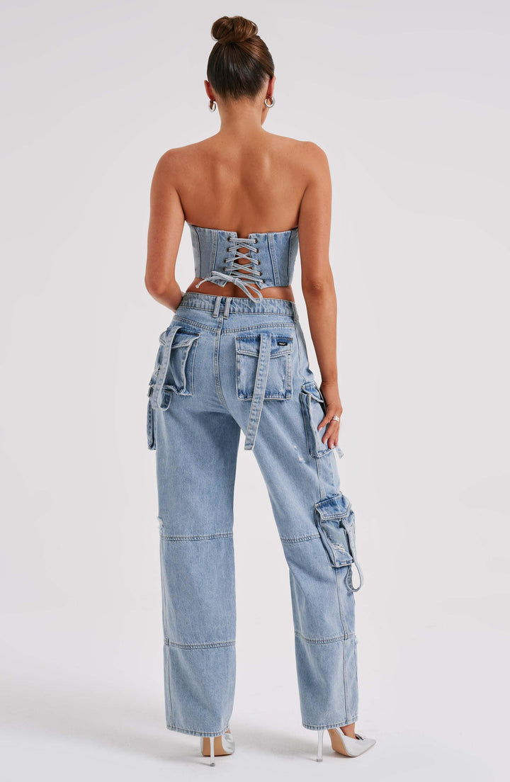 Pantaloni cargo donna in denim blu oversize a vita alta