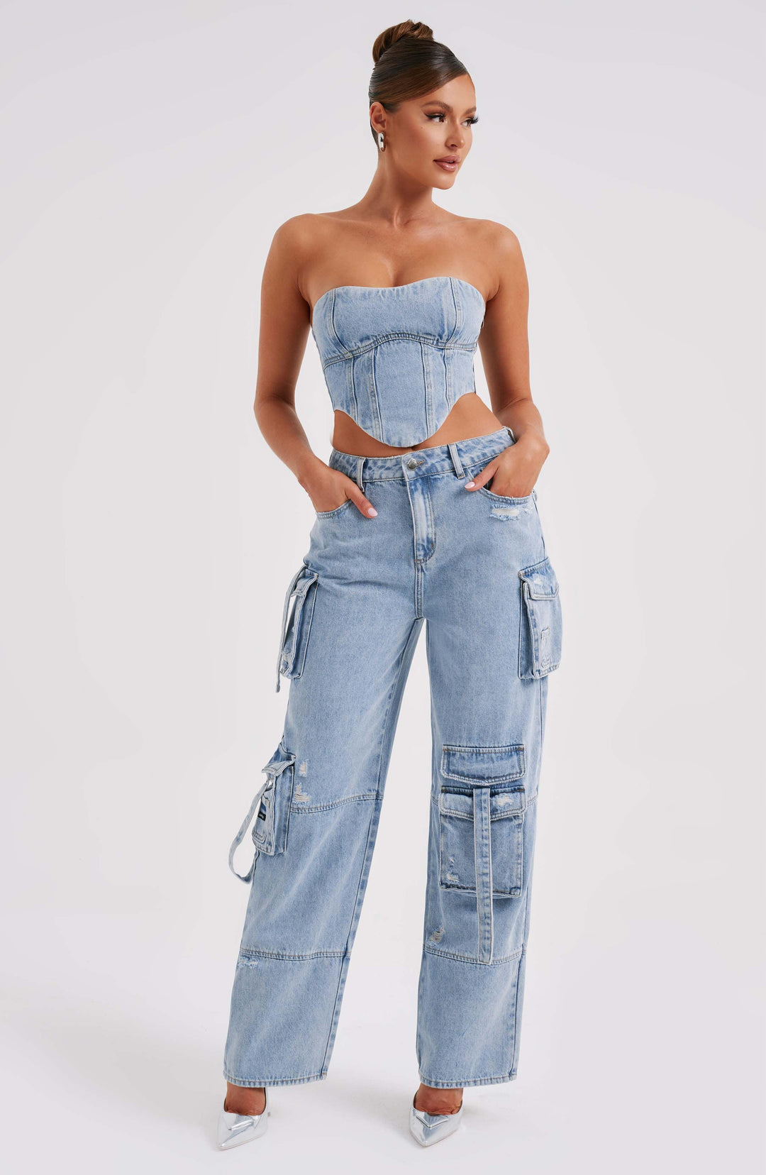 Pantaloni cargo donna in denim blu oversize a vita alta