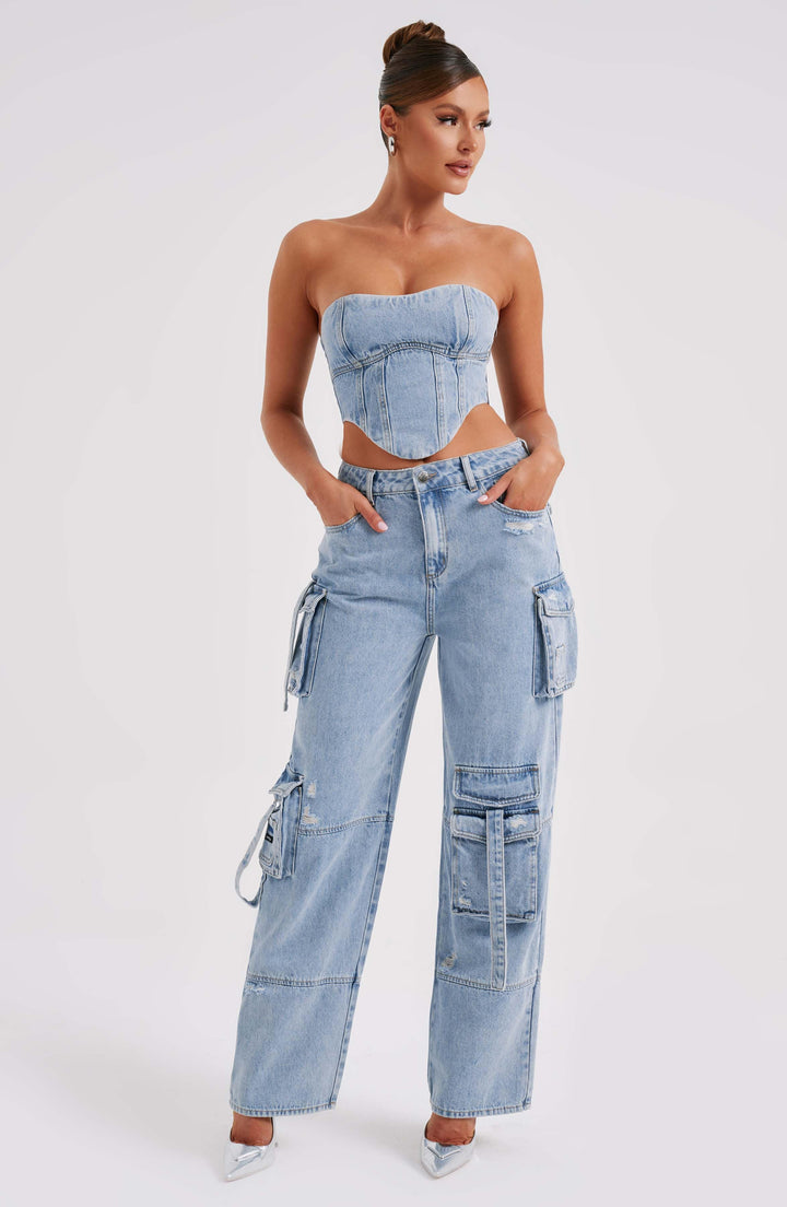 Pantaloni cargo donna in denim blu oversize a vita alta