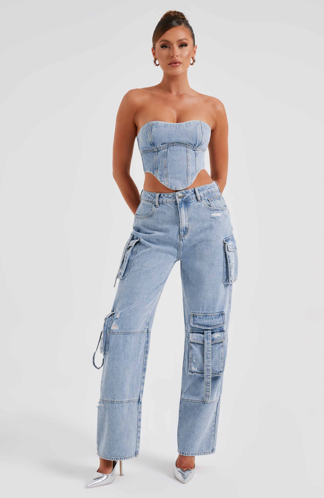Pantaloni cargo donna in denim blu oversize a vita alta
